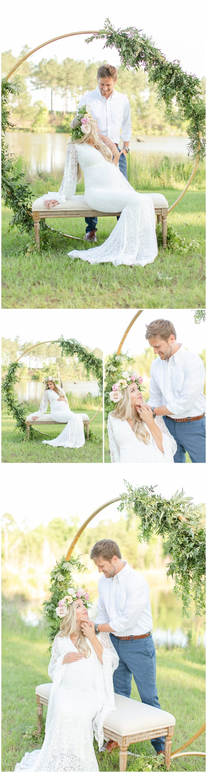 Kristin and Chad underneath a floral arch 