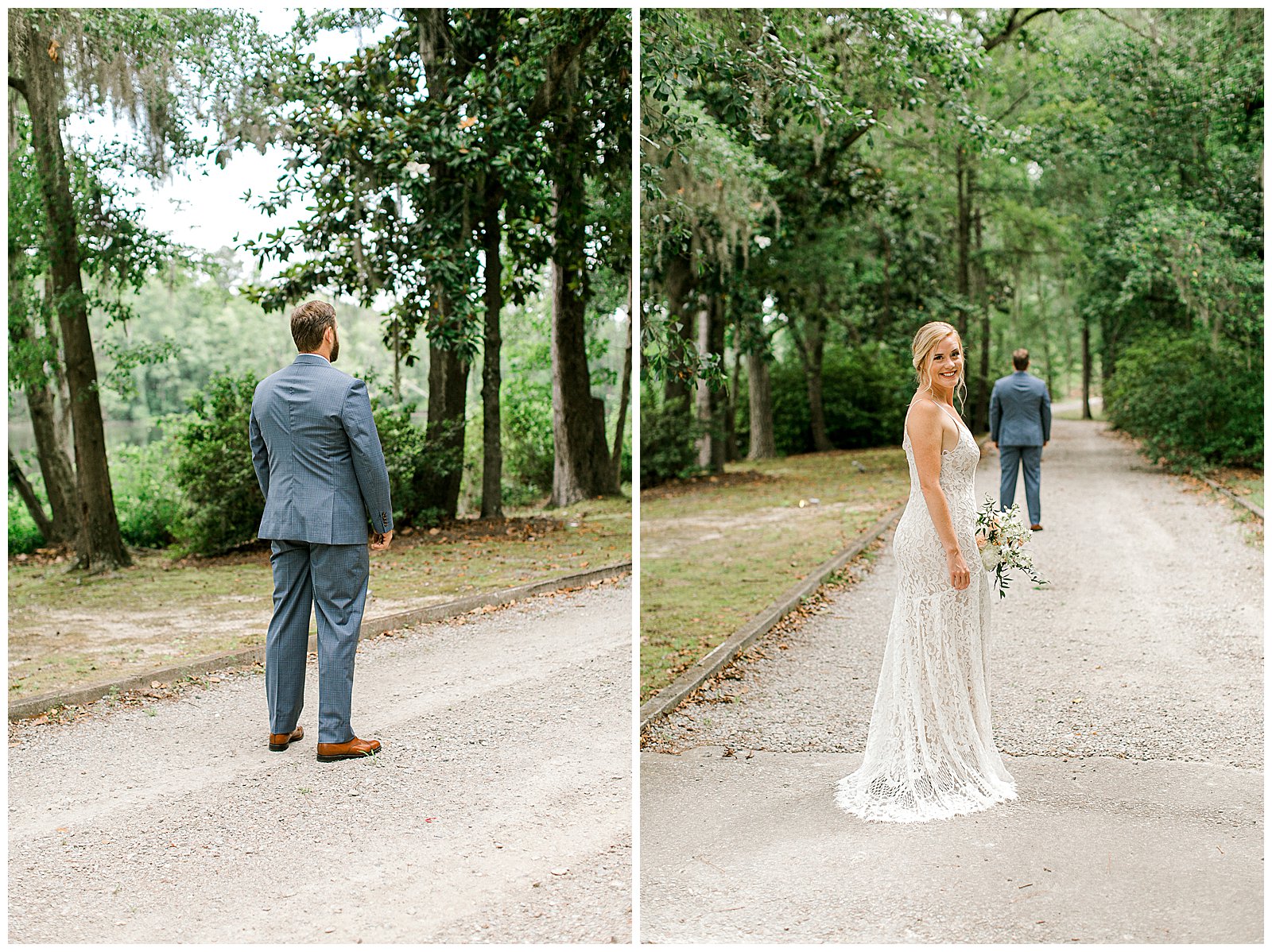 First look of a husband and wife before the ceremony at Adams Pond in Columbia South Carolina 