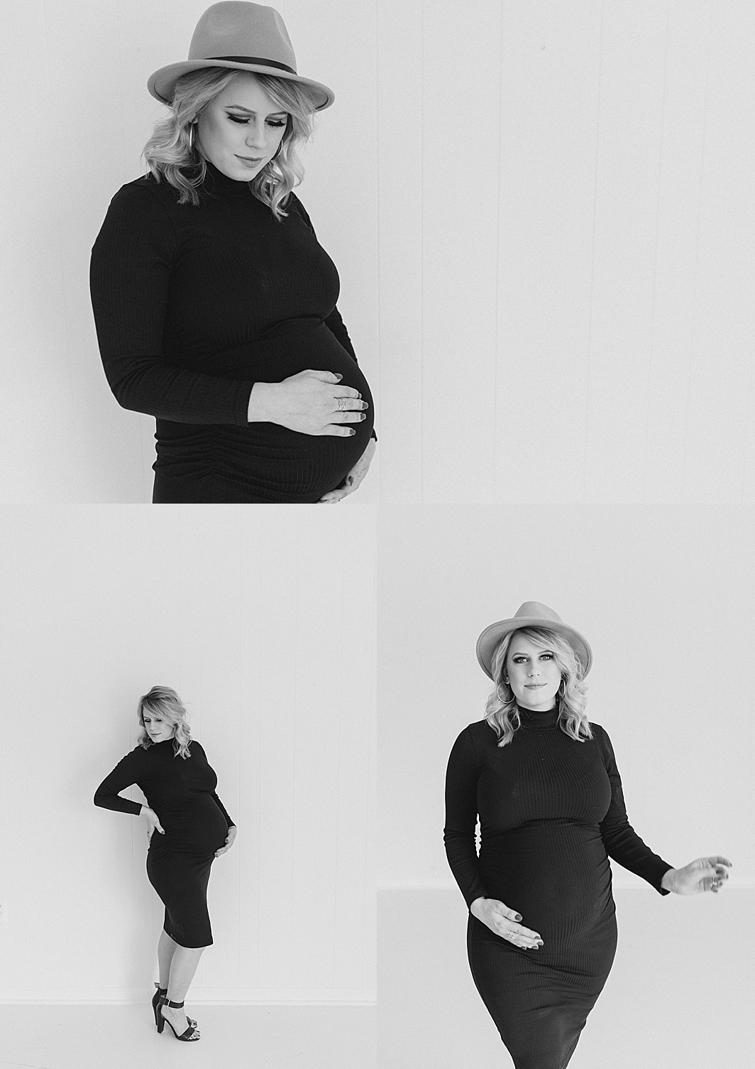 Classic black and white maternity picture of a mom wearing a black dress with a hat